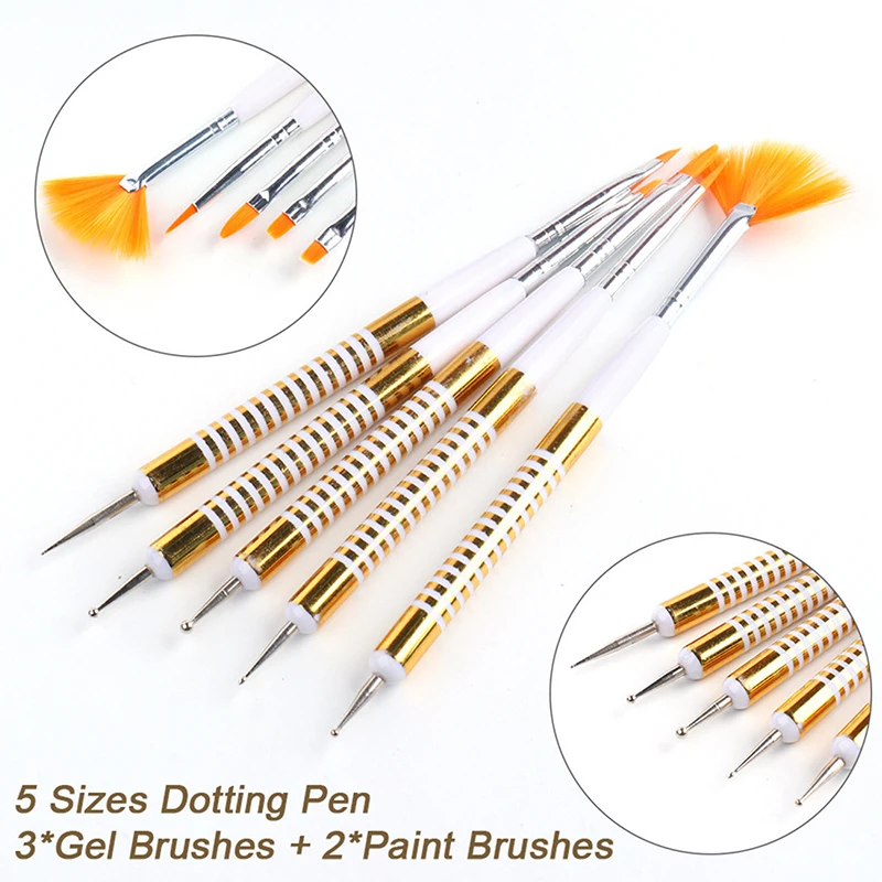 

5PCS/Set 2 In 1 Double Ends Dotting Drawing Painting UV Gel Liner Polish Brush Set Nail Art Dotting Tools Nail Art Pen