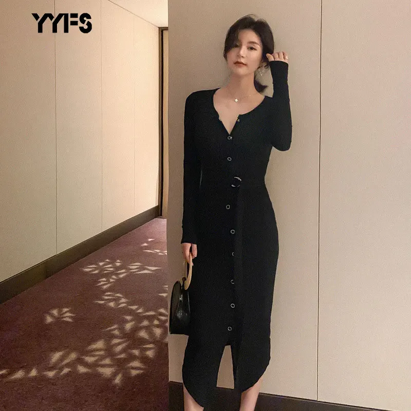 2019 корейское стильное длинное платье с разрезом женские облегающие платья