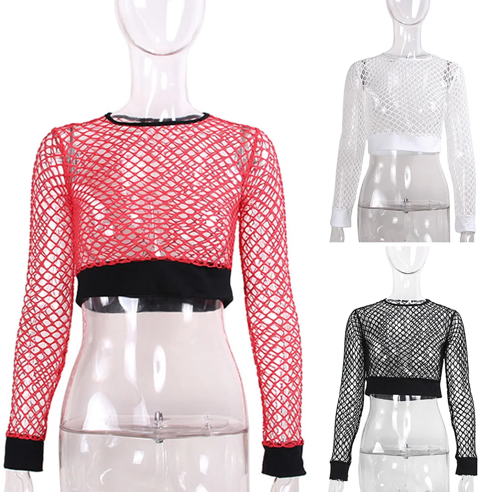 

See Through Casual Cropped Short Sleeve Mesh Fashion Women Tops Party Sexy Club Crew Neck Slim Out Summer
