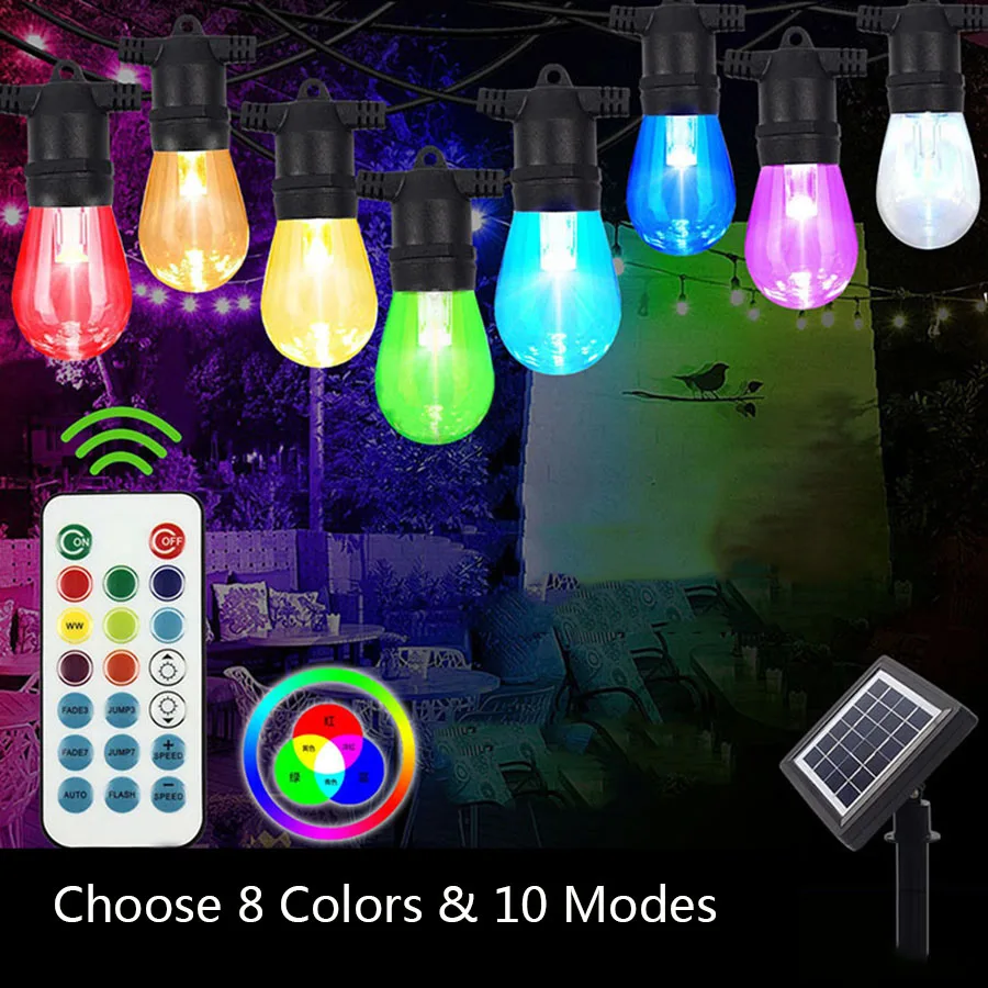 

Color Changing Solar String Lights Outdoor Waterproof RGB String Light with 10PCS S14 Bulbs Solar Dimmable Commercial Light