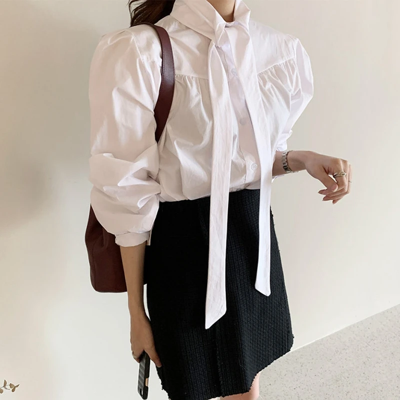 RealShe белая женская блузка со стоячим воротником и длинным пышным рукавом