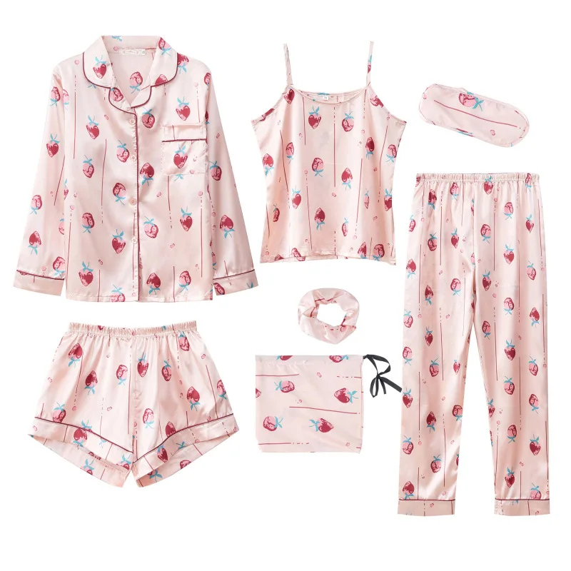 

Fashion Women's 7 Pieces Silk Satin Pajamas Set Cute Orange Print Pyjama Sleepwear Homewear Suit Spring Summer Female Loungewear