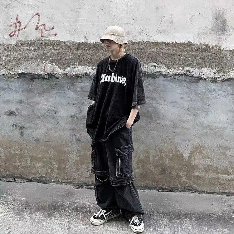 

2021 retro old washed skeleton printed short-sleeved T-shirt men's loose oversize dark high street summer trend tee