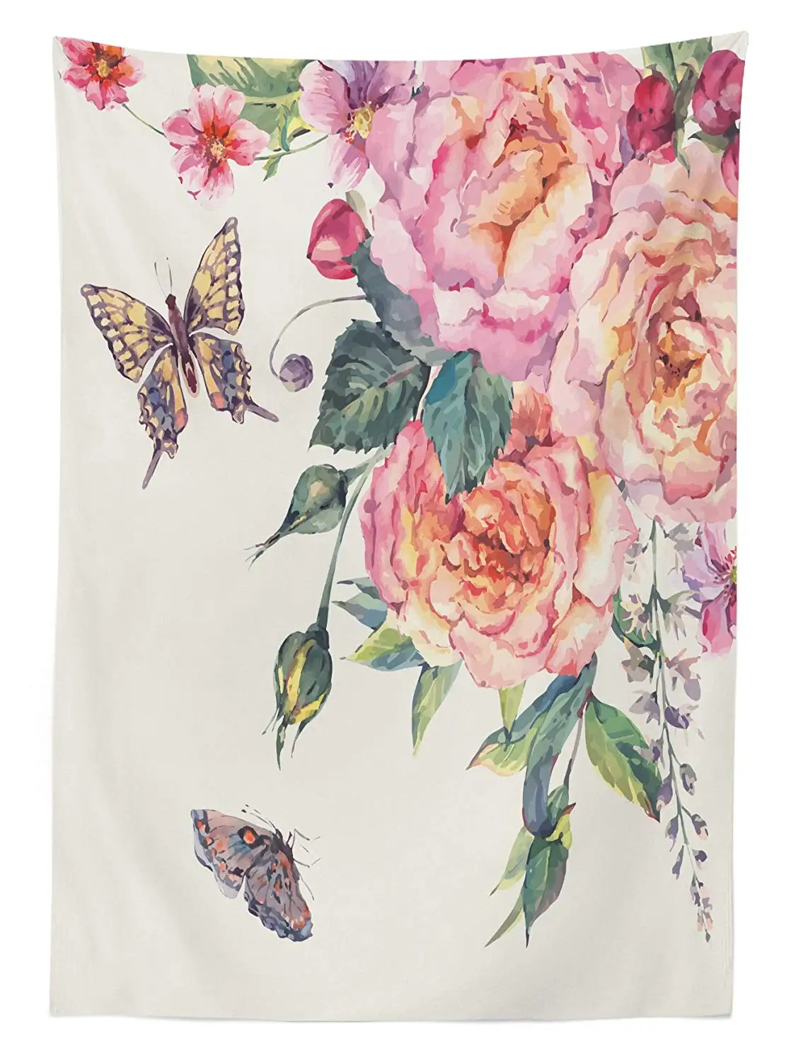 Vintage Modern Outdoor Tablecloth Blooming Romantic Flowers with Butterflies Watercolor Style Feminine Design Decor Table Cover | Дом и сад