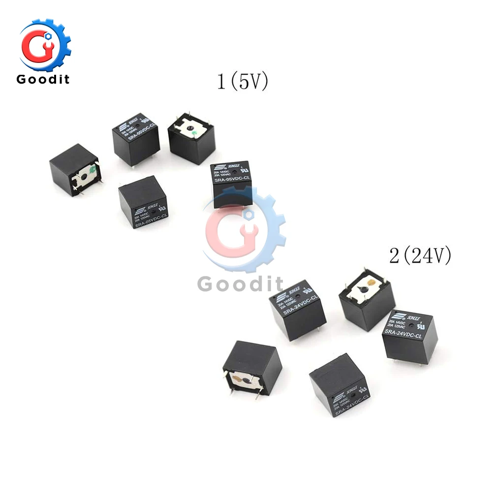 5 В, 12 В, 24 В постоянного тока, 20A DC Мощность реле SRA-05VDC-CL SRA-12VDC-CL SRA-24VDC-CL 5Pin PCB Тип ЧЕРНЫЙ автомобильное реле