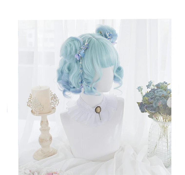 

Gradient ramp Green Blue Lolita Cosplay Wig Girl Hairpiece Short Wavy Curly Hair Periwig 26 cm Wig only Without accessory