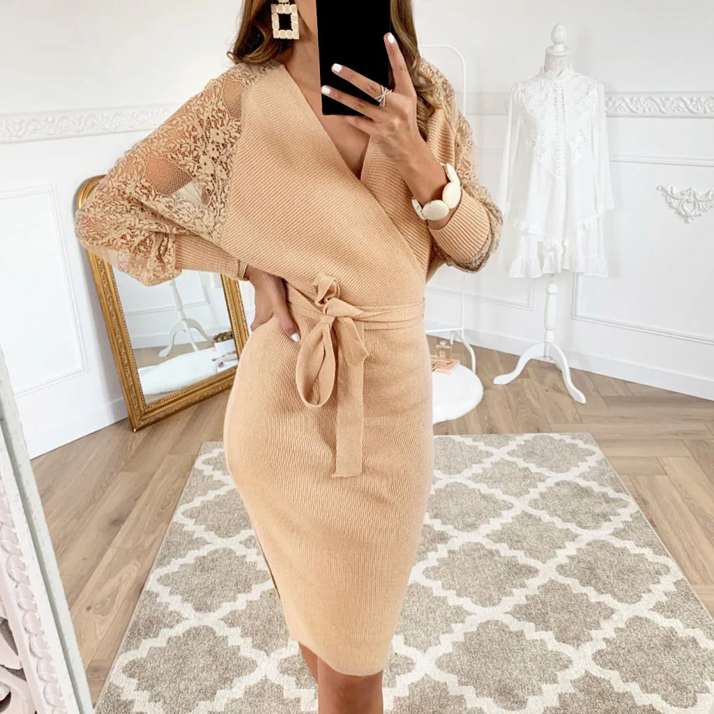 Зимнее Платье 2019 женское сексуальное кружевное с длинным рукавом повседневное