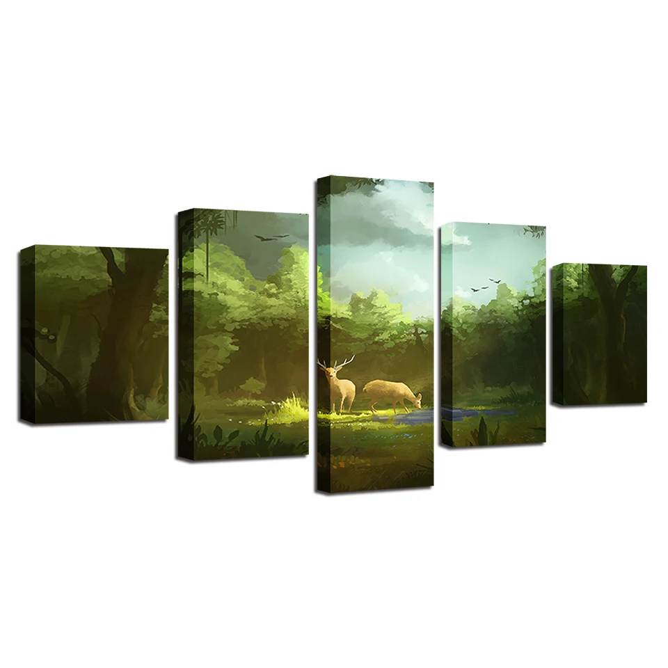 

Printing Animal Paintings Decor Room Wall Art 5 Pieces Deer Couple In The Forest Sunshine Scenery Canvas Pictures Modular Poster