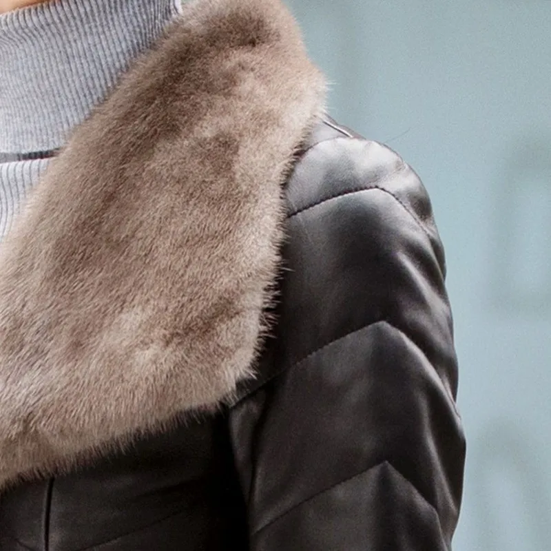 

Leather Jacket With Fur Sheepskin Coat Long Real Leather Jacket Women Black Belted Womens Coats Winter Plus Size M-4XL 45-75KG