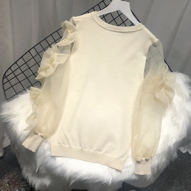 ALPHALMODA стерео цветок Oganza рукав трикотажная рубашка Женская свободная винтажная вязанная Топ стиль осень винтажный джемпер осень