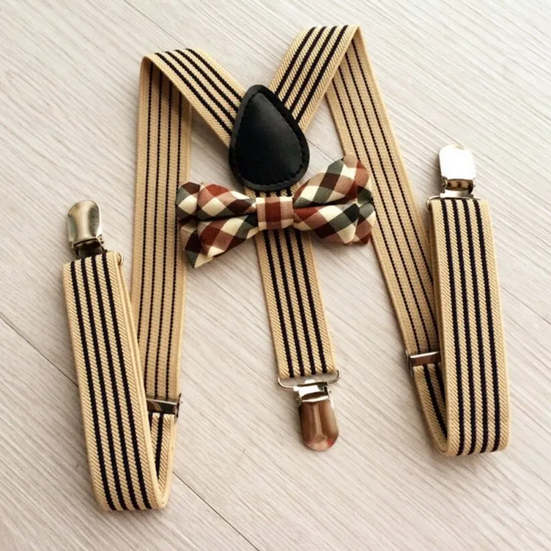 

2Pcs Baby Girls Boys Clothes Accessories British Style Kids Striped Strap + Plaid Bow Tie Kit Fashion 130cm