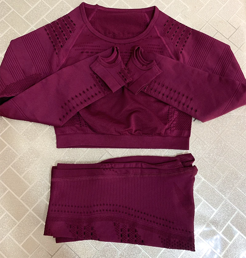 Wine red sets Женский бесшовный набор для фитнеса с высокой талией, энергетический спортивный костюм, спортивные сетчатые леггинсы, рубашки, спортивный костюм с длинными рукавами, спортивные комплекты для бега - Цвет: Wine red sets