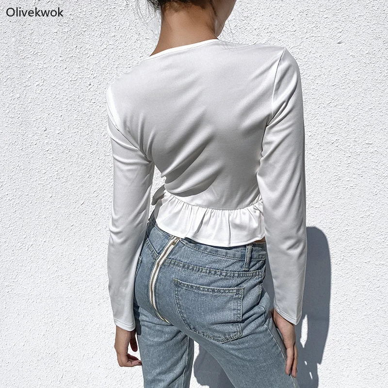Olivekwok сексуальный глубокий v-образный вырез длинный рукав на шнуровке однотонный