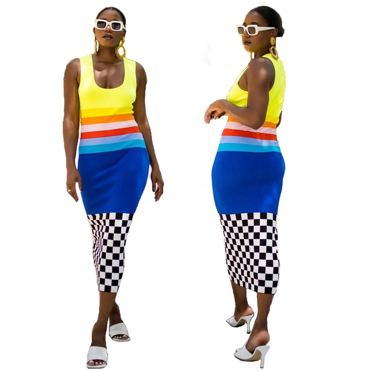 

2021 New Style Classic Fashion Summer New Style Sleeveless Printed Long Skirt Fashion Plaid Multicolor Dress