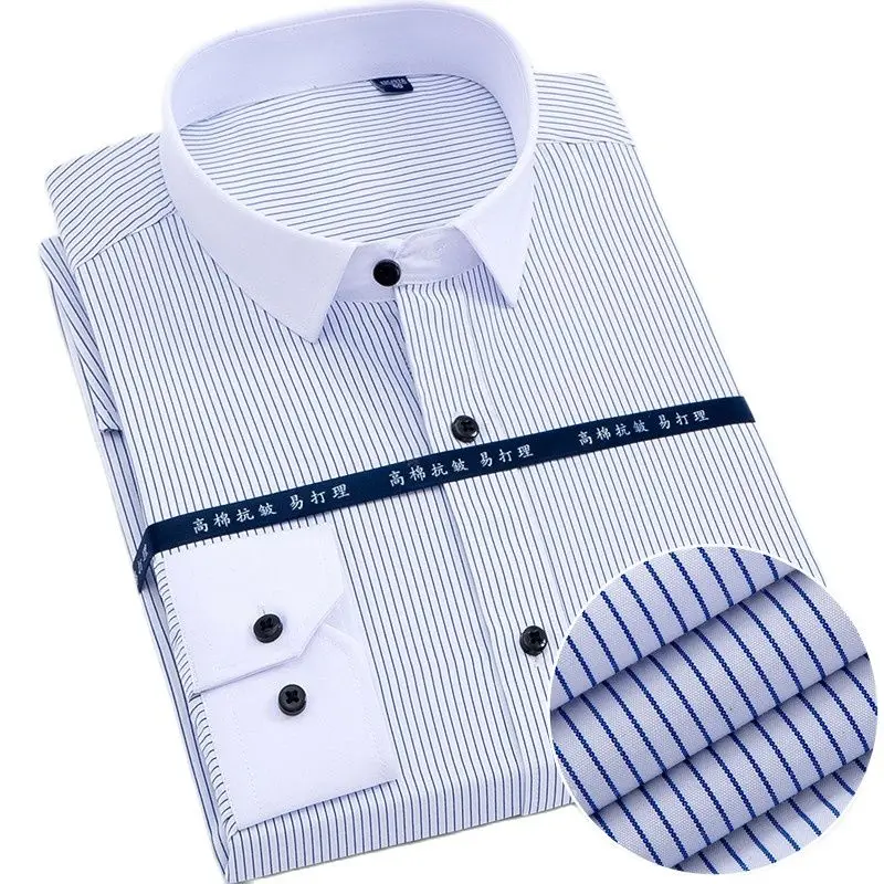Mens Dress Shirts White Collar Long Sleeve Striped Twill Plain Shirt For Men Office Formal Business Front Pocket Nice Pop Summer