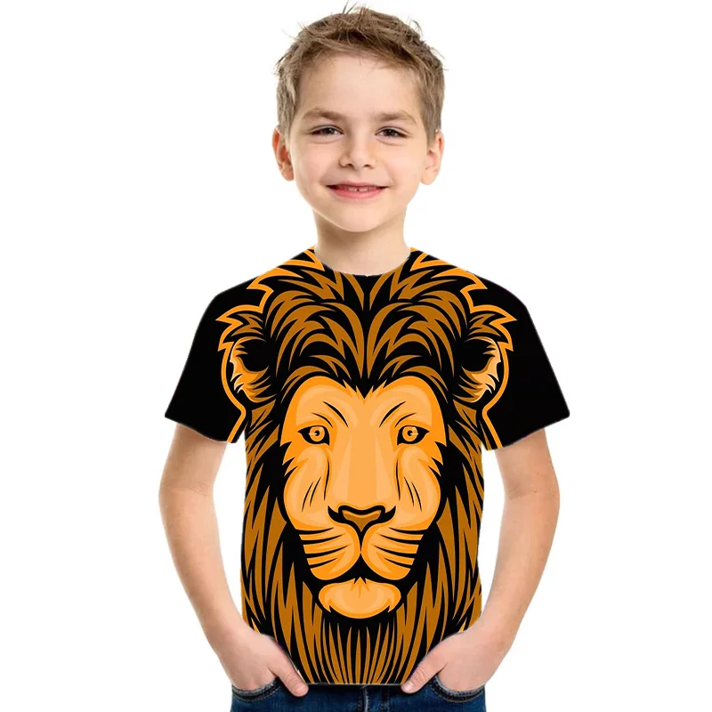

21 Summer Lion Head Short-Sleeved Children's T-shirt 3D Cartoon Animal Pattern Casual Fashion Outdoor Travel 100-160 Boy Clothes