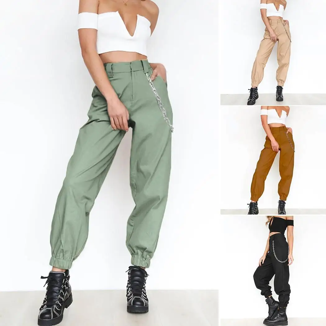 

Women Casual High Waist Trousers Solid Loose Harem Ankle Length Metal Chain Pants