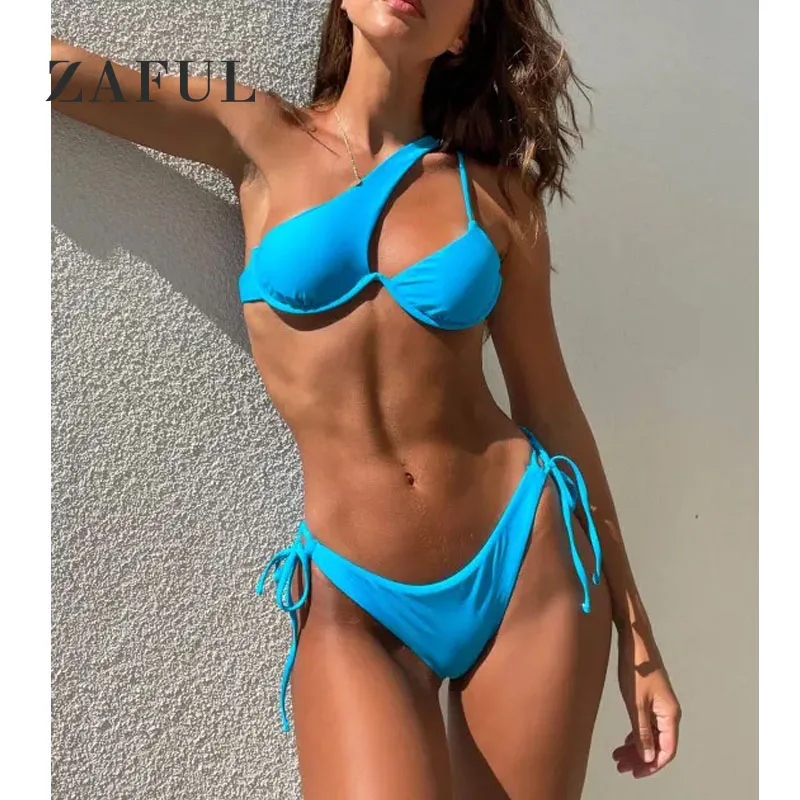

Brit Manuela X ZAFUL Bikini One Shoulder Tie Side Cutout Tanga Bikini Swimwear