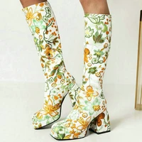 2021 women knee high boots platform thick high heel ladies calf boots pu leather embroider square toe womens boots white green