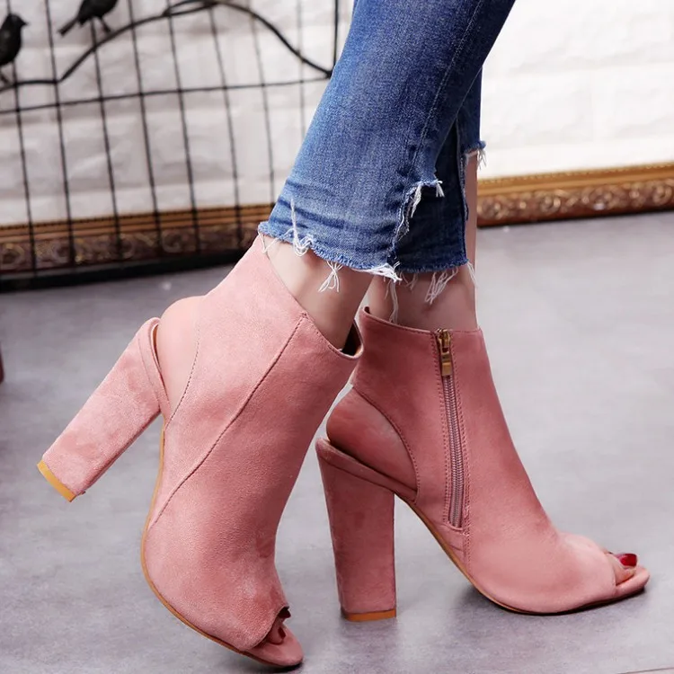 

Women Fashion Boots Peep Toe Shoes with Zipper Flock Vamp High Heel Ankle Boots Cutout Chunky Stacked Heels Ankle Booties