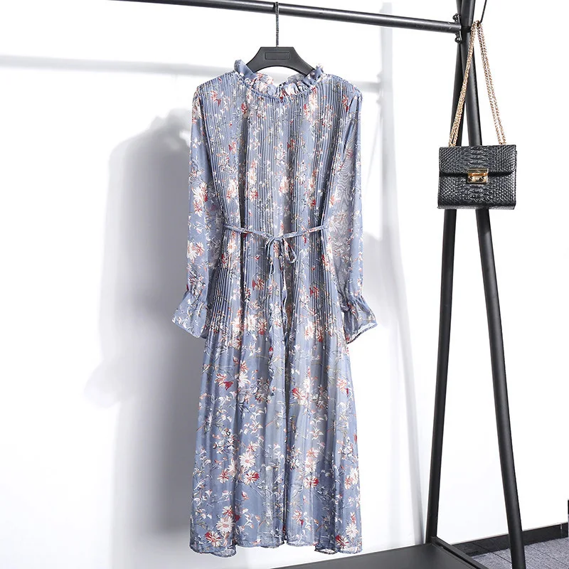 Женское шифоновое платье с длинным рукавом цветочным принтом и шнуровкой |
