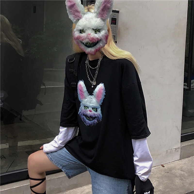 Lychee Harajuku, о-образный вырез, Лоскутная женская футболка, длинный рукав, Поддельные 2 штуки, осенние женские футболки, принт с темным Кроликом, женская футболка