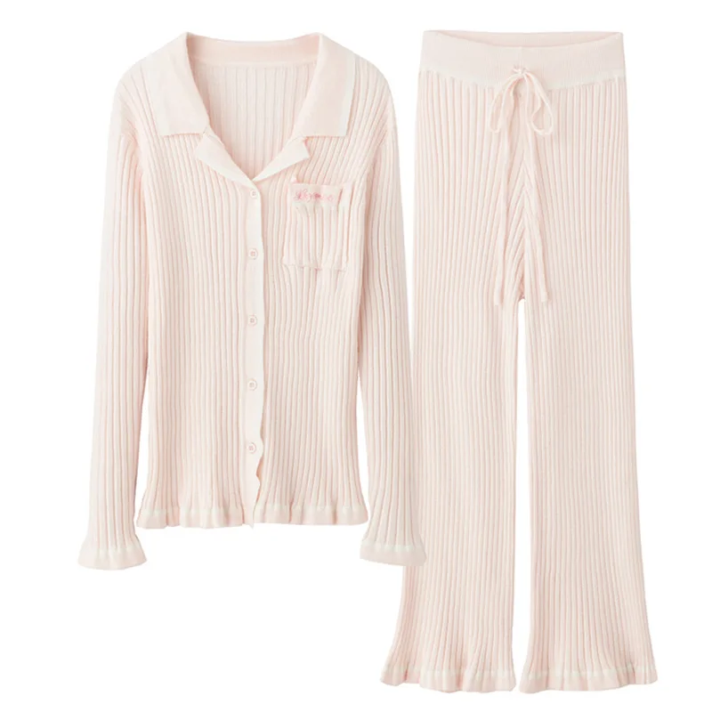 

Spring Winter Sleepwear Set Korean Knitted Wool Pijamas Women Pajama Long Sleeves Long Pants Comfort Home Clothes Soft Nightwear
