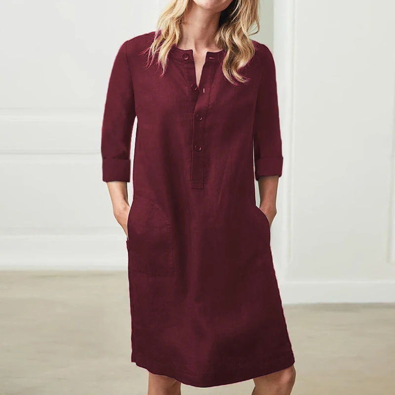 Women's Dress Autumn Cotton Blends Casual Round Neck Long Sleeve Single-breasted Solid Color Plus Size | Женская одежда