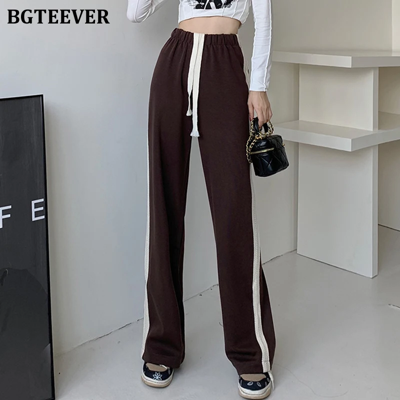 

BGTEEVER Casual Elastic High Waist Women Wide Leg Trousers Autumn Winter Lace-up Loose Female Solid Pants Ladies Pantalon 2021