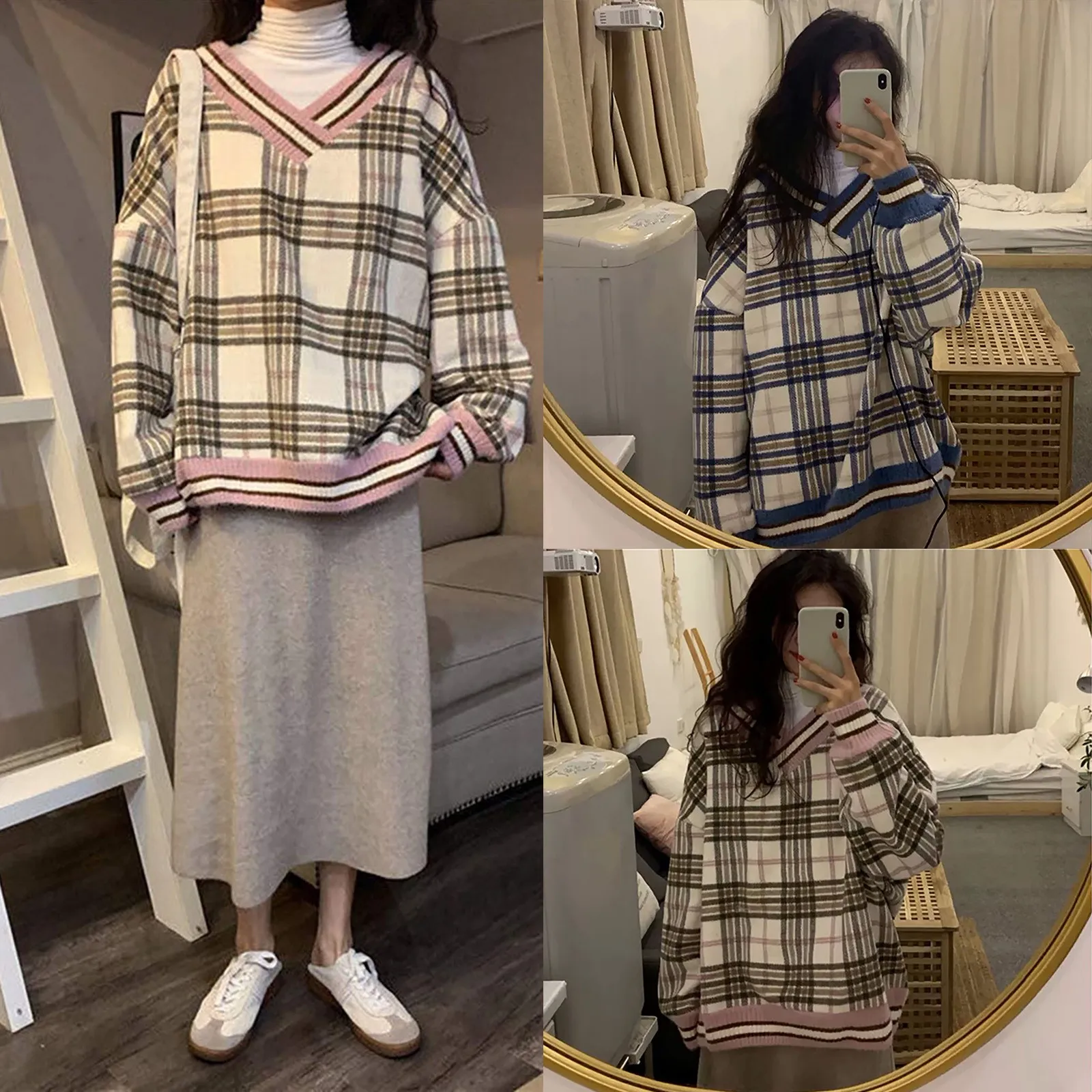 

Women's V-Neck Sweet Plaid Pullover Sweatershirt Loose Long Sleeve Tops sweatershirts womens casual loose pullover