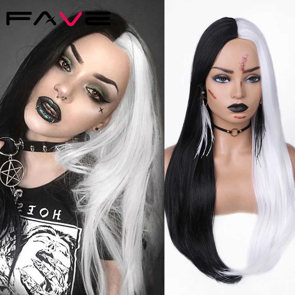 

FAVE Black/White Half Wig Long Straight Hair High Temperature Fiber Synthetic Wigs Halloween Cosplay Carnival Costume For Women