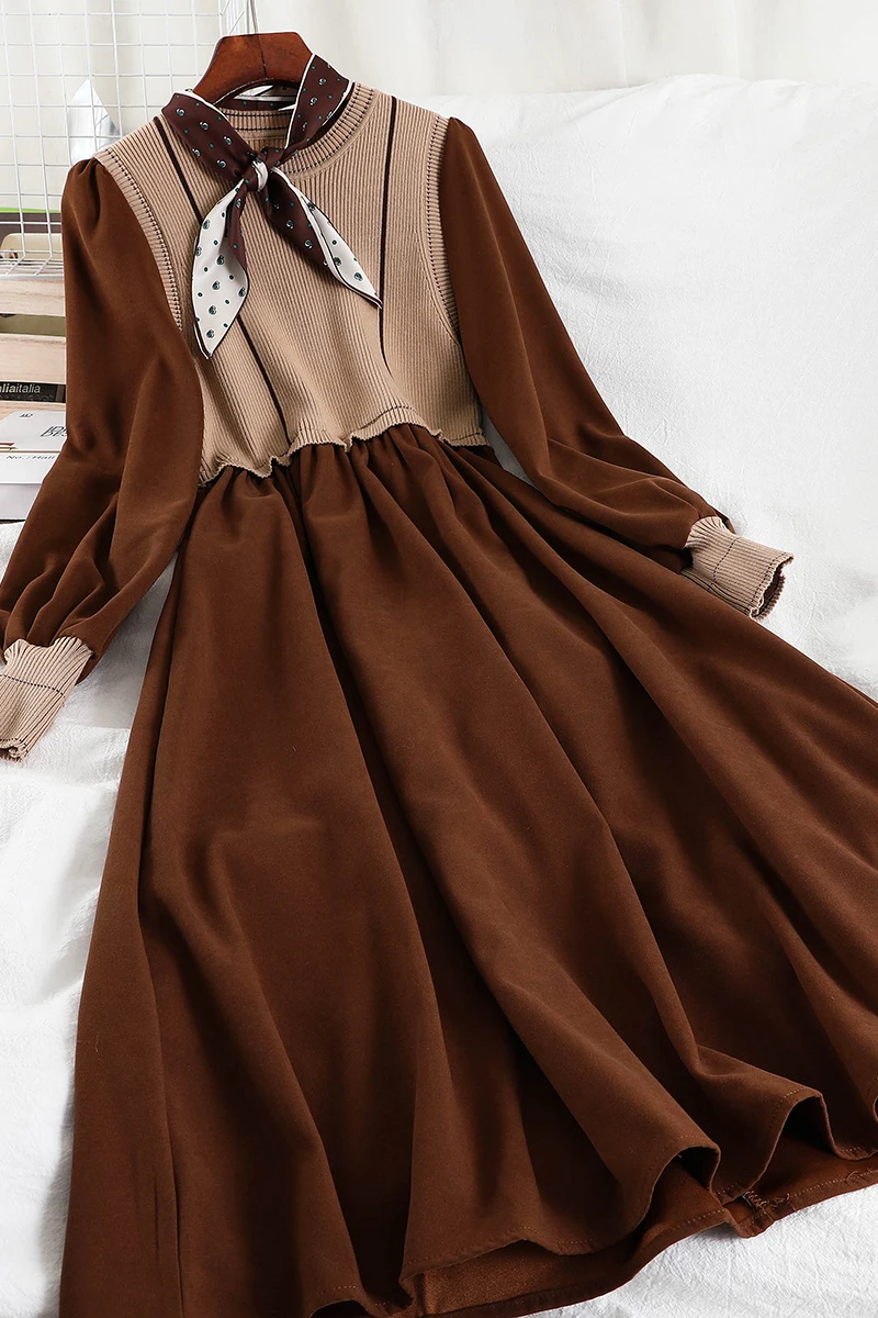 

2021 French Dress Female Color Matching Temperament Autumn and Winter New Product Net Celebrity Base Skirt Waist Is Slim Fashion