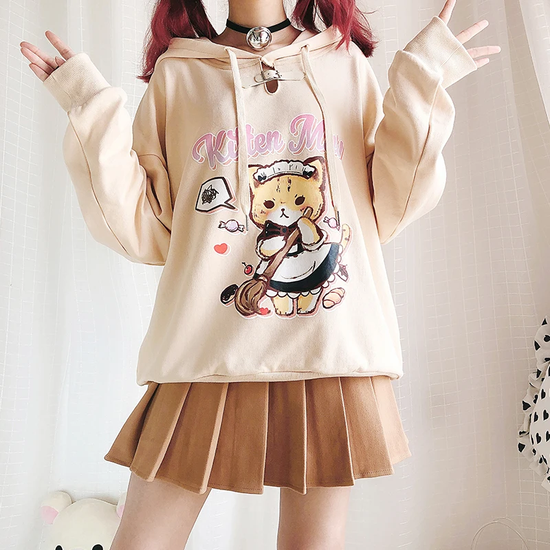 Бежевая Толстовка в стиле Харадзюку с изображением котенка горничной кота