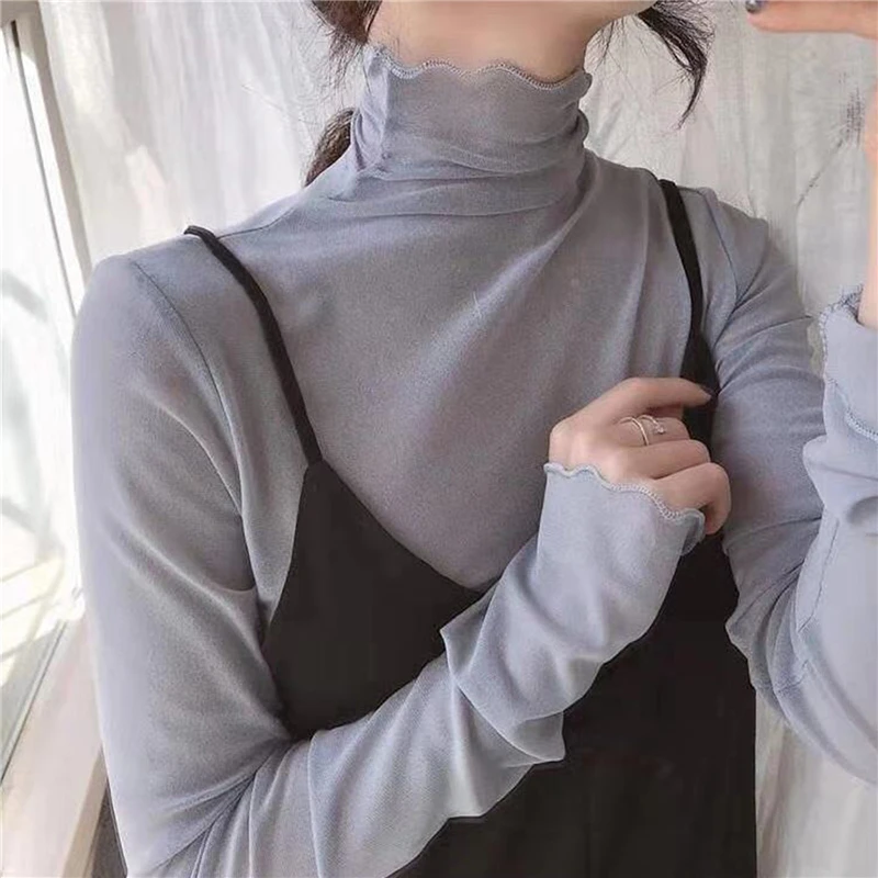 Sexy Solid Color Fungus High Neck Lace See Through Women Tshirt Retro Temperament Mesh Women's T-shirt Office Lady Splice TShirt | Женская