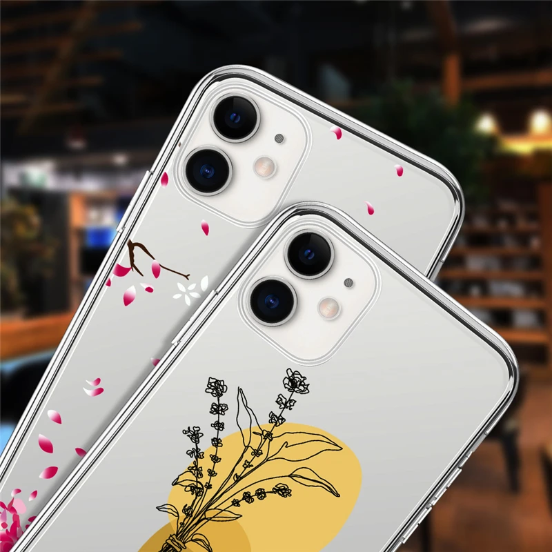 Cute Flowers Phone Case For iPhone 11 12 13 14 Pro Max 7 8 Plus X XR XS Max 13 12 SE 2020 Artistic Line Plant Clear Soft Cover