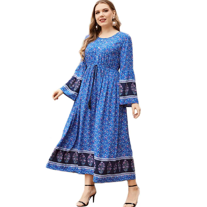 

Ethnic Vintage Muslim Long Dress Women Spring Summer Casual Abaya Islamic Clothing Arab Dubai Kaftan Middle East O-neck Robe New