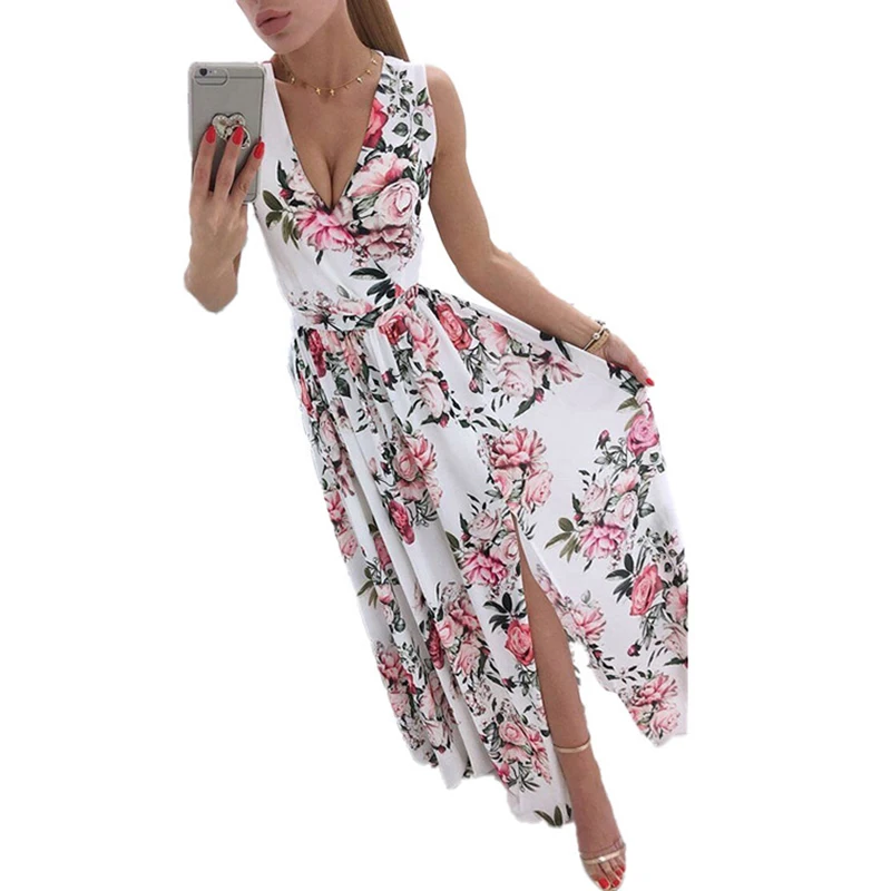 

Floral Print White Long Dress Women Summer Sexy Deep V-Neck Sleeveless Side Split Maxi Dresses Lady Party Club Dress Robe Longue