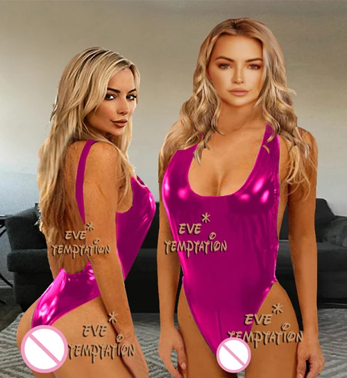 Сексуальные блестящие металлические ПВХ костюмы нижнее белье v-образный вырез