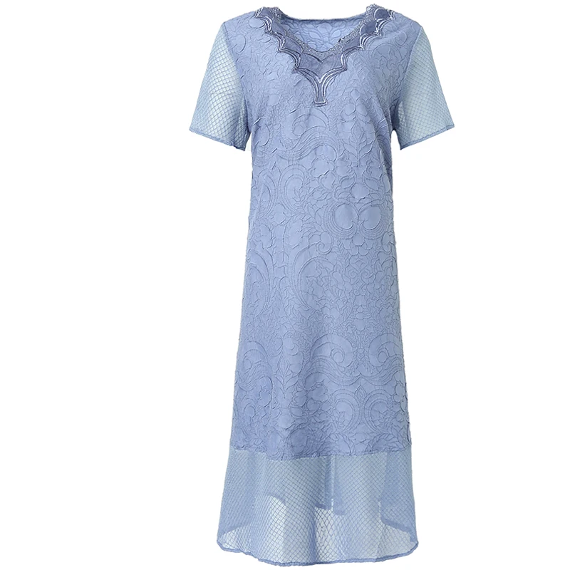 

Plus Size Dress V Neck 2020 Women Summer Fashion High Quality Embroidery Short Sleeve Loose A-Line Dress For Women 45-75kg