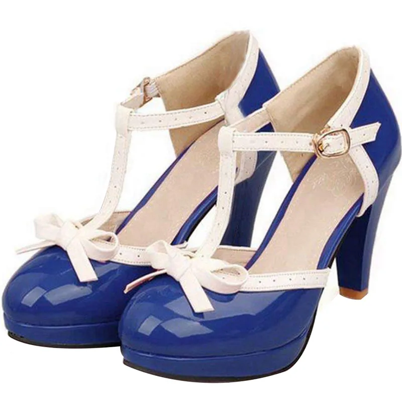 

AGODOR Lolita Shoes t strap women shoes high heels platform patent leather dress shoes woman black red blue big size