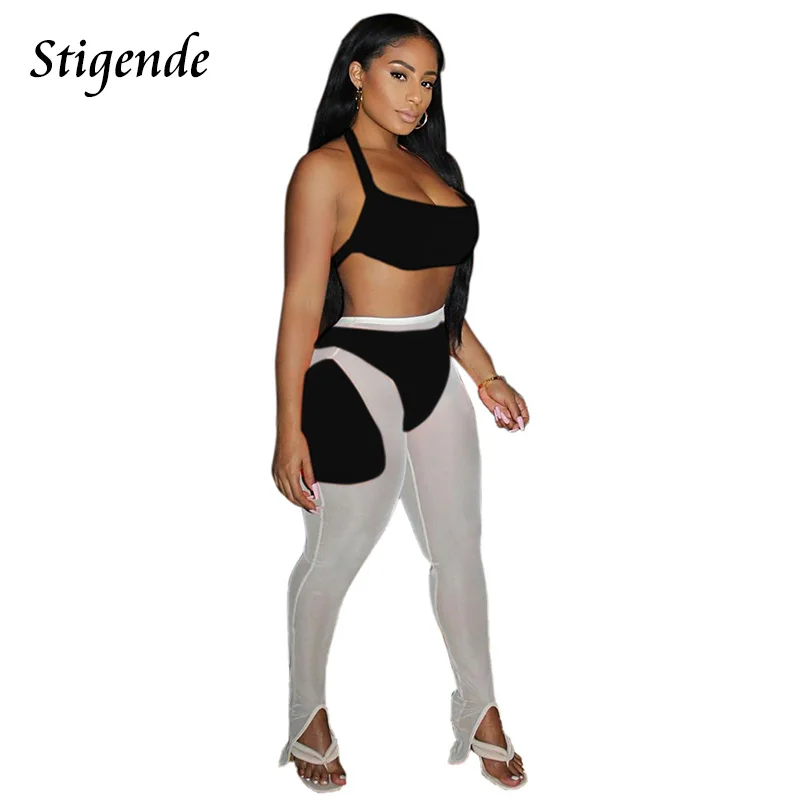 

Stigende Women Mesh Patchwork 2 Pcs Tracksuit Bandage Halter Crop Top and Pants Set Summer See Through Two Piece Legging Set