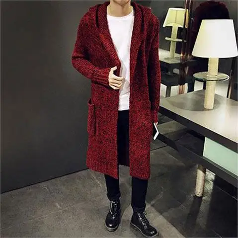 Мужской длинный свитер с капюшоном свободный трикотажный кардиган большие