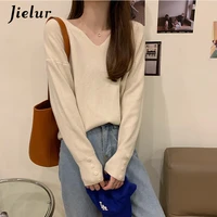 jielur 5 colors winter basic sweater for women korean loose v neck sweaters top female autumn brown apricot pullover knitwear