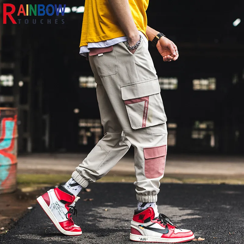 

Rainbowtouches Fashional Brand Men's Cargo Pants Casual Tie Feet Trousers Patchwork Safari Style Boys Overalls Superior Quality