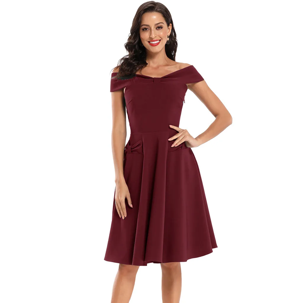 

KANCOOLD dress Women's Fashion Vintage Style Waistband Sexy Dress Summer Bow Word shoulder Office Lady new dress momen 2020MAR16
