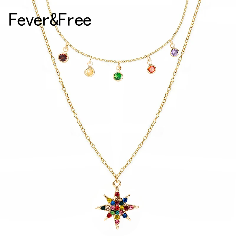 

Dazzling Rainbow Rhinestone Gold Color Chain Necklace Layered Women Colorful Crystal Engagement Necklaces Bijoux Femme