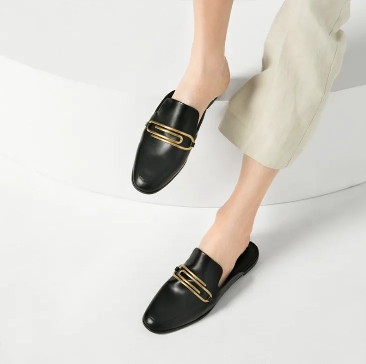 Low-heeled Slippers Women's British Style Breathable Slippers Metal Buckle Flat Mueller Shoes Womens Shoes Female Shoes