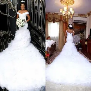 Custom New Gorgeous Off-the-Shoulder Lace Wedding Dress 2022 Mermaid Ruffles Corset Sweep Train African Bridal Gowns