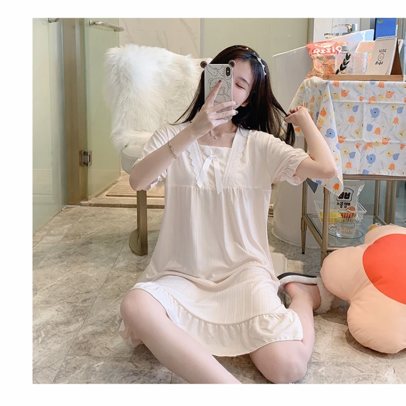 

Summer ladies short-sleeved nightdress women can wear outside pajamas sweet and lovely lace princess style pure color home servi
