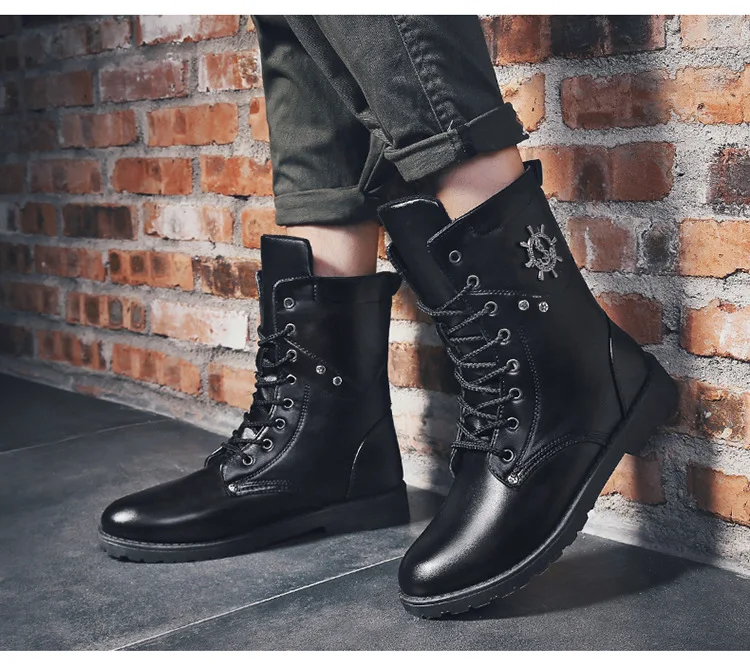 Winter Men Motorcycle Boots Fashion Mid-Calf Punk Rock Punk Shoes Mens BootsLeather Black High top Casual Boot Man